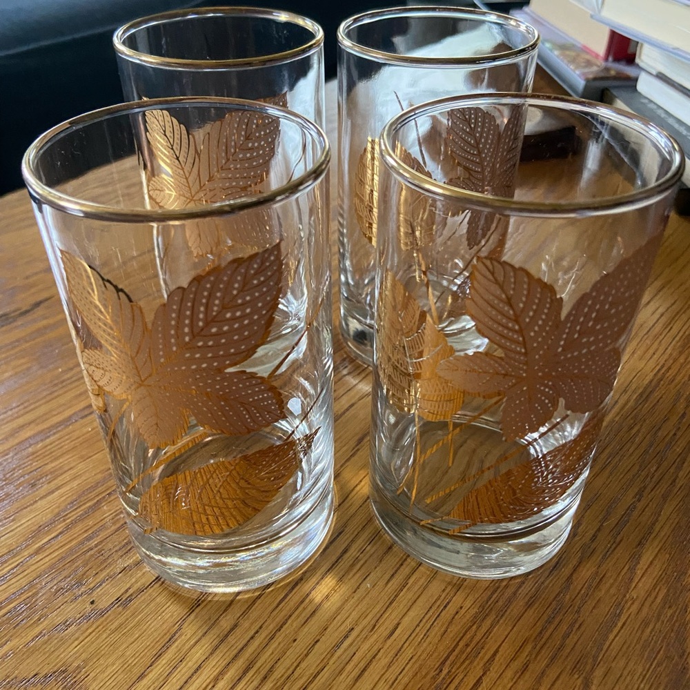 4 Libbey Gold Leaf Highball Glasses